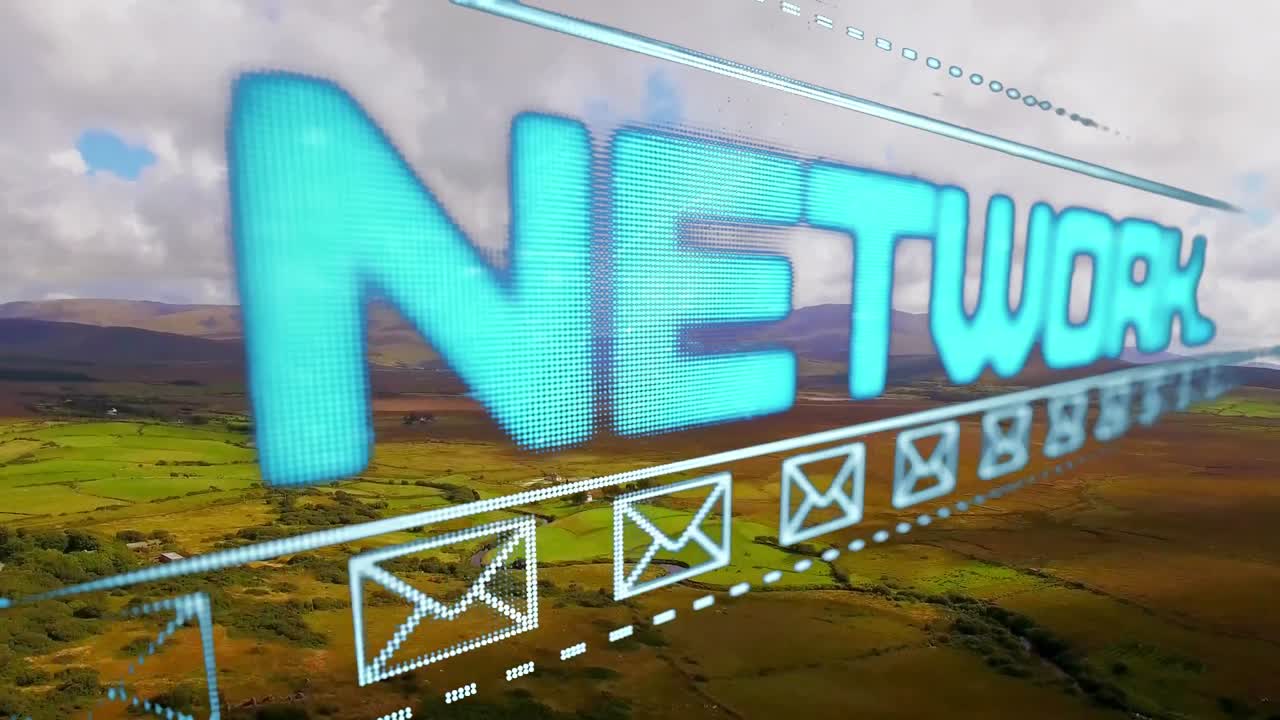 animación de texto de red e iconos de correo sobre el paisaje y el cielo