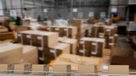 animation of cardboard boxes moving on conveyor belt over warehouse