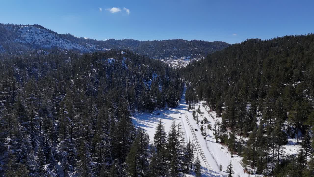 vista de aviones no tripulados de carreteras rurales entre bosques cubiertos de nieve