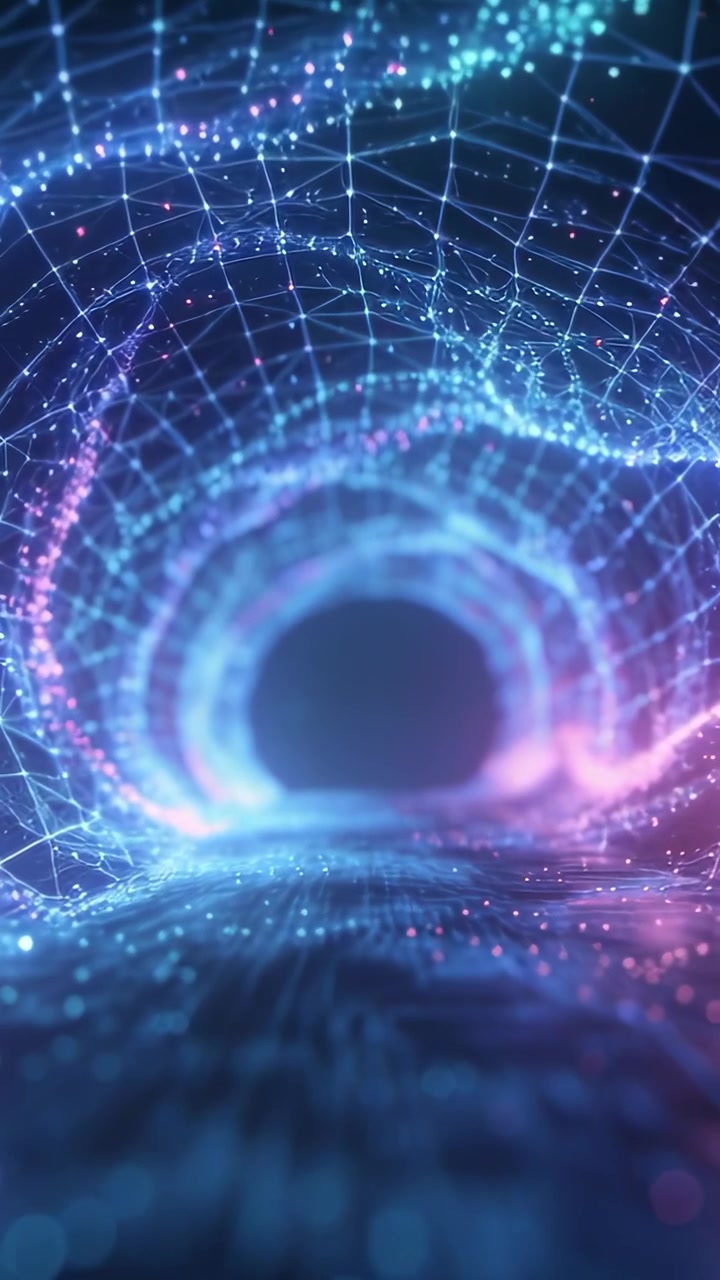 Vertical video: Playback starting, wireframe tunnel pulling view into dark aperture, nodes glowing
