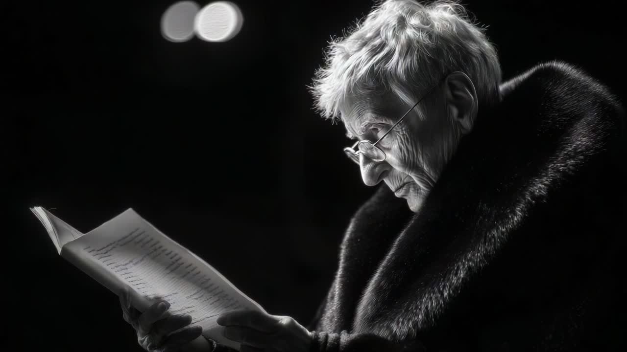 An elderly woman deeply immersed in reading, her thoughtful expression illuminated against a dark background, showcases the beauty of literature and introspection in monochrome tones