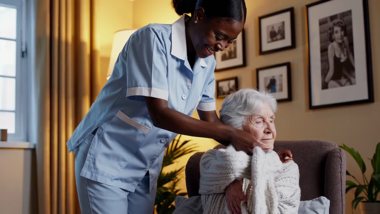 A caregiver assists an elderly woman with a blanket at home