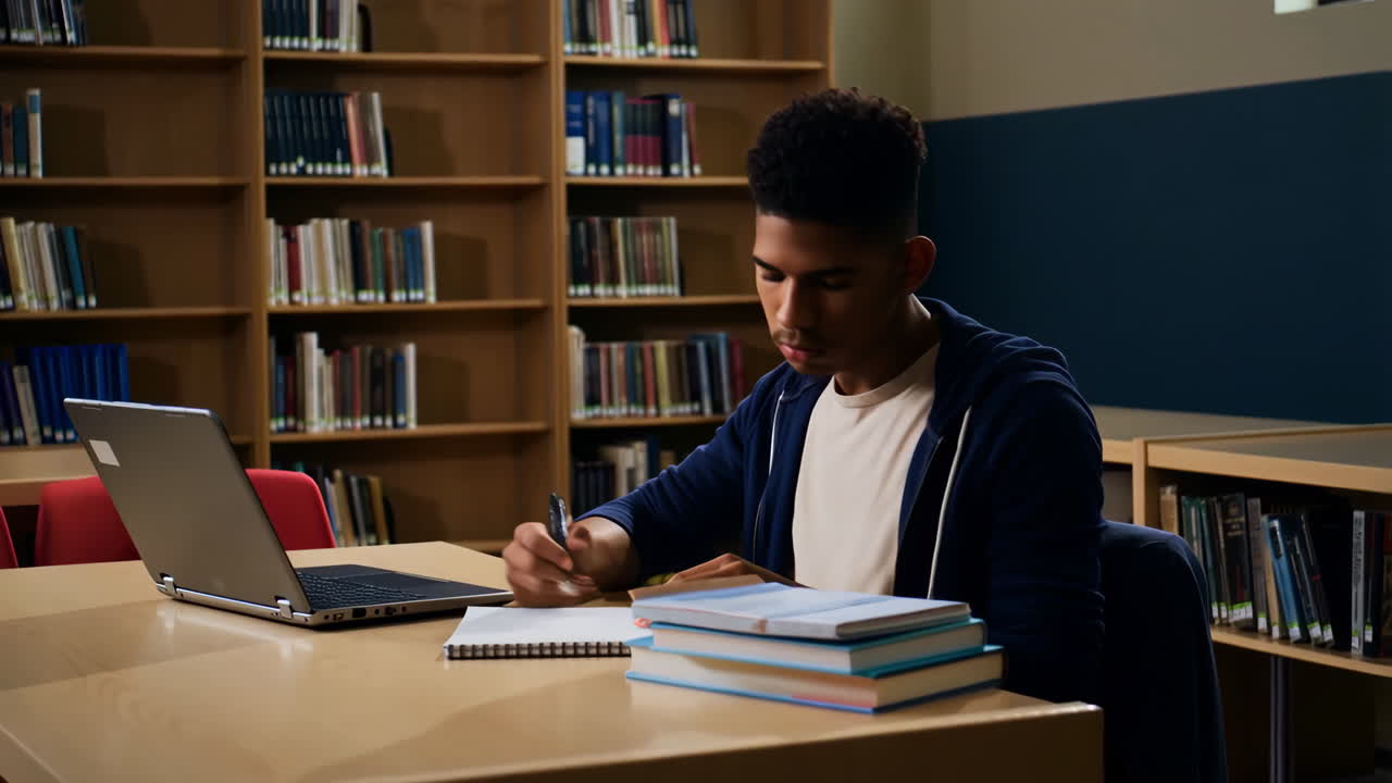 Young Man Studying on Laptop in a Library