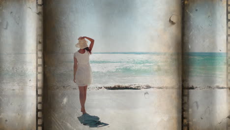 woman in white dress and hat standing on beach, vintage film animation overlay