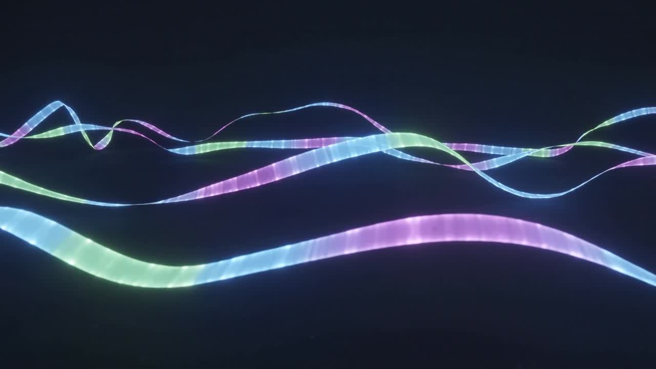 Nastri luminosi che scivolano attraverso un vuoto scuro, fasce pulsanti che generano sfasamenti a strati per il design.