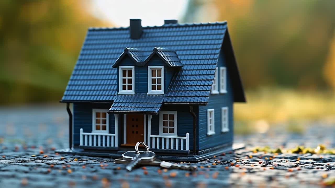 Model house shows homeownership. A small model house sits on a surface with keys beside it, representing dreams of home ownership during sunset.