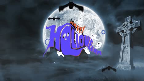 Animation-of-happy-halloween-text-over-moon-and-cemetery-background