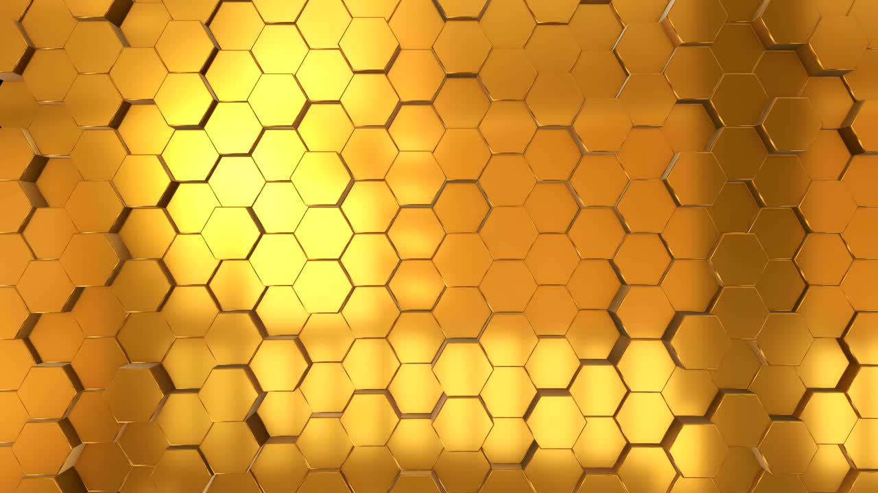 추상적인 원활한 루프 애니메이션 배경은 반이는 황금색 육각형으로 만들어졌습니다.