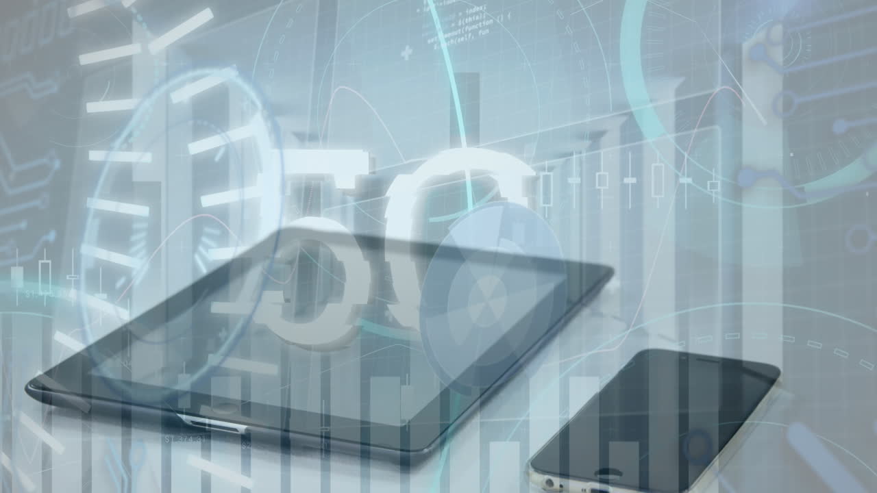 5g 텍스트의 애니메이션, 태블릿 및 스마트 폰을 통해 데이터 연결 네트워크