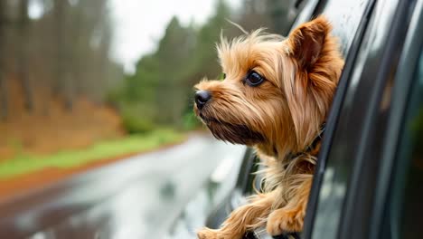 a small dog looking out the window of a car on a rainy day