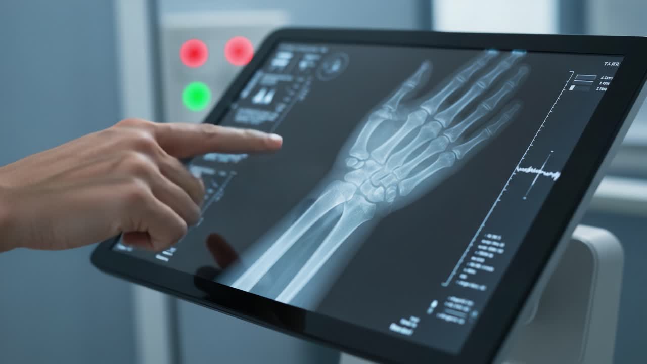 Medical Professional Analyzing X-Ray Image of Hand on Digital Tablet in Clinical Environment, Highlighting Advanced Imaging Technology and Patient Care