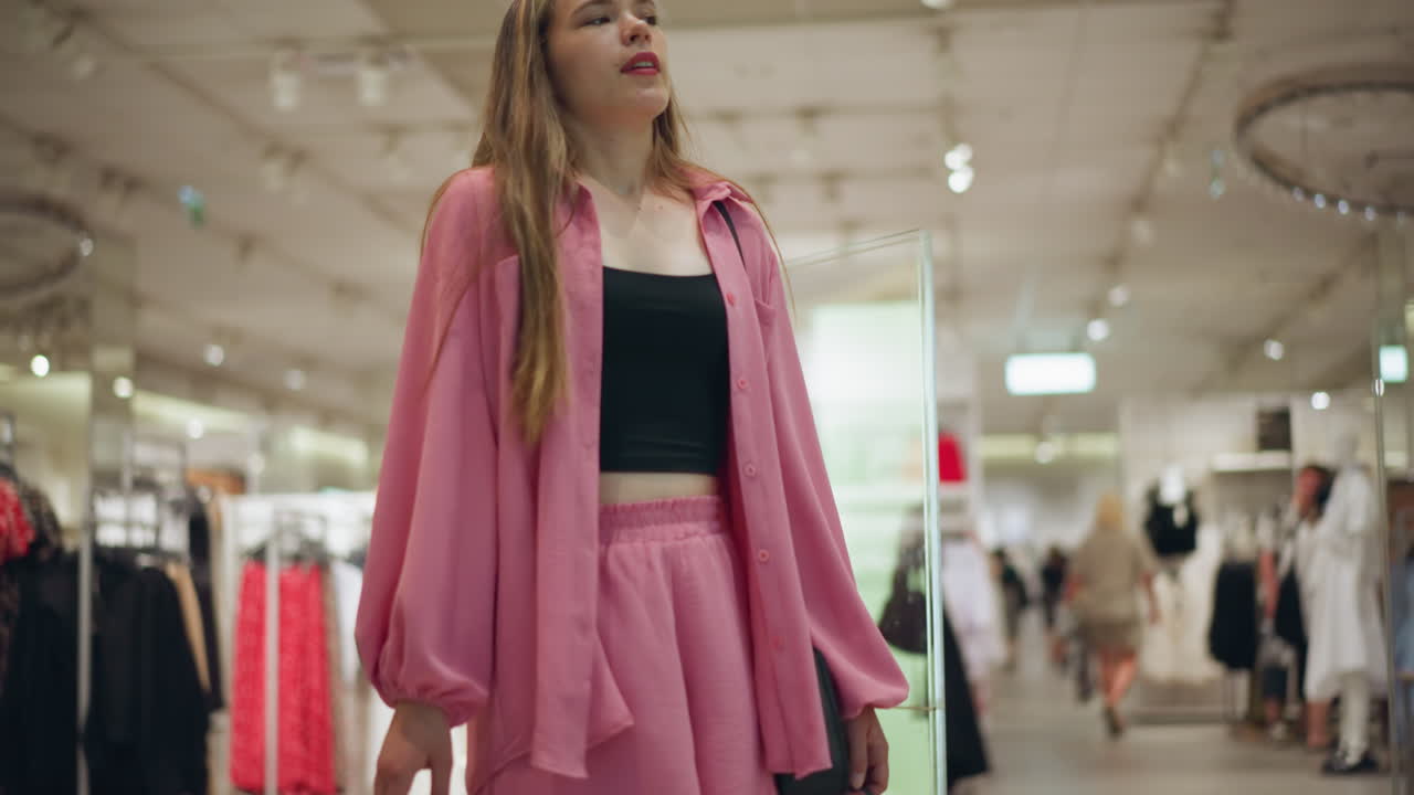hermosa dama vestida con un traje rosa, sosteniendo bolsas de compras de colores, camina a través de un centro comercial mientras sonríe sutilmente y asume con la cabeza, con otros compradores y maniquíes en el fondo