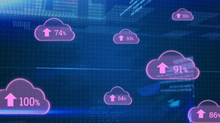 Animation of cloud icons and data processing over dark background