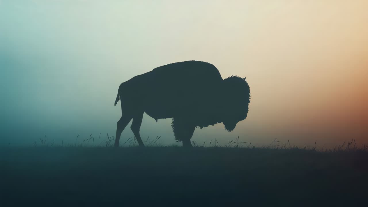 Starting American bison after head lowering, moving left-right along low ridge with gradient sky