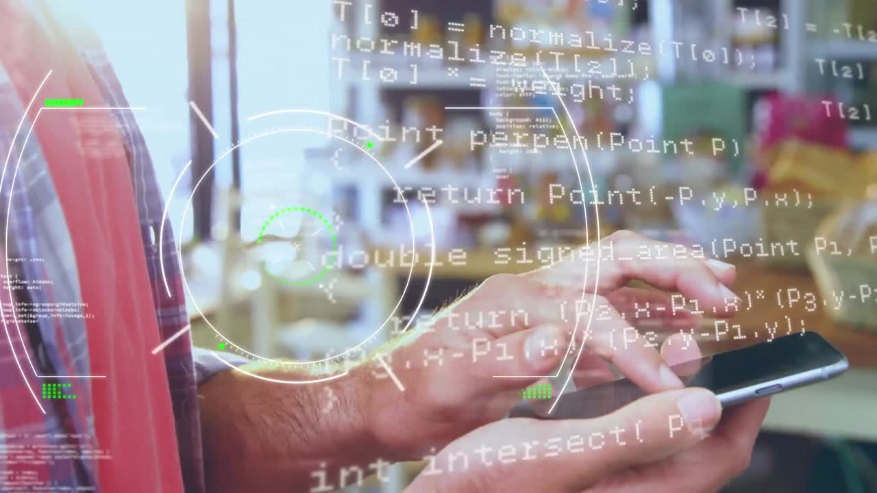 스마트 폰을 사용하는 백인 남성의 데이터 처리 및 범위 스캔의 애니메이션