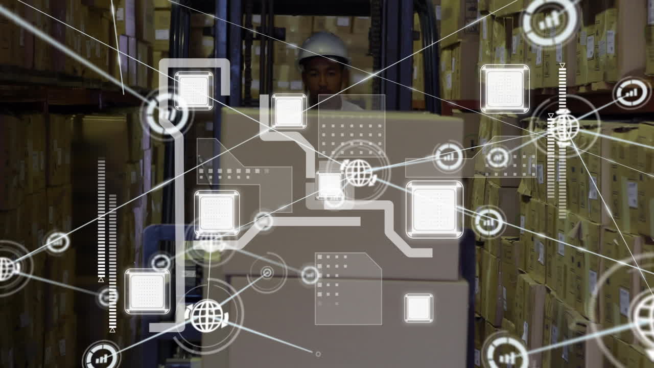 animación de la red de conexiones sobre el hombre que conduce la carretilla elevadora que trabaja en el almacén