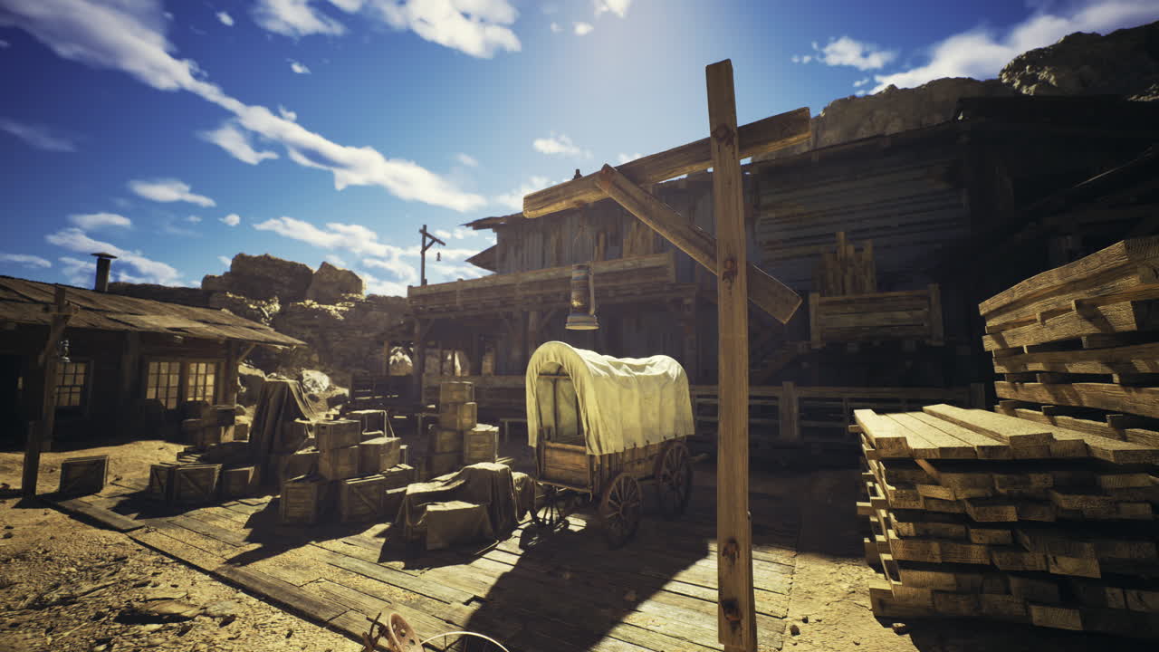 Abandoned western town with wagon and wooden structures under bright sky