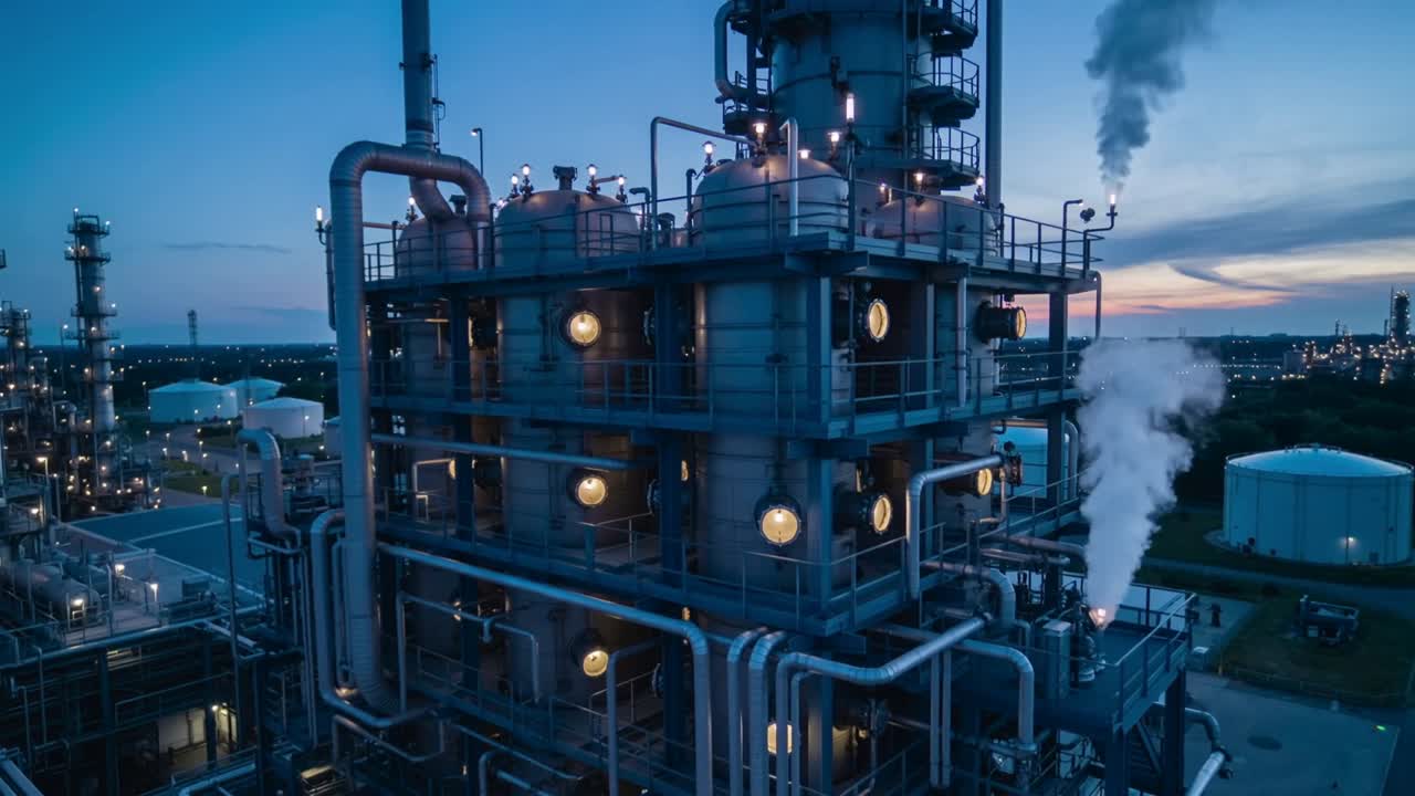 Orbiting drone capturing processing tower at dusk, venting steam with lit portholes, stack