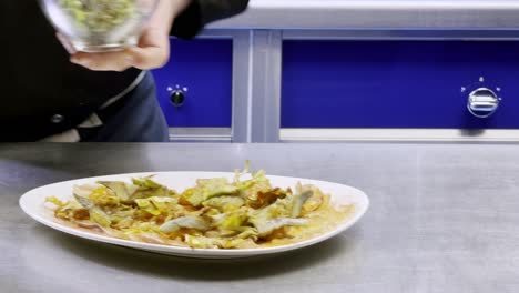 el cocinero pasa la ensalada al segundo, para que termine de servir la comida.