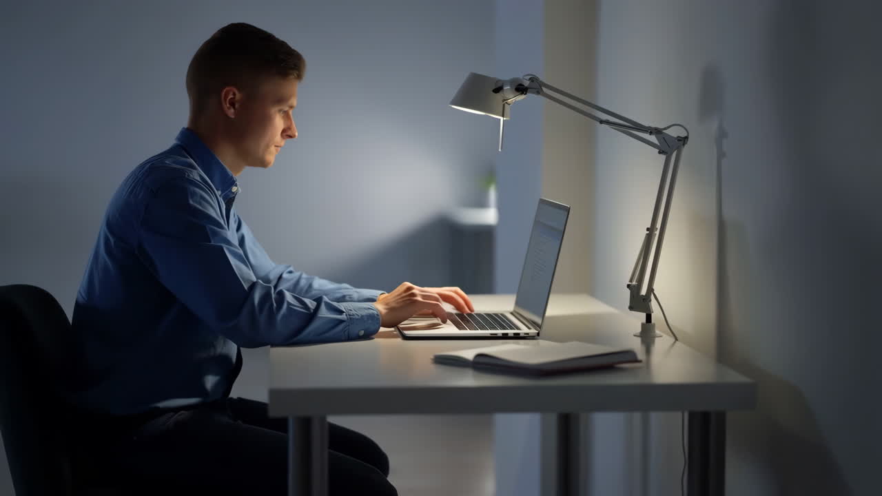 책상 에서 노트북 을 사용 하는 사람