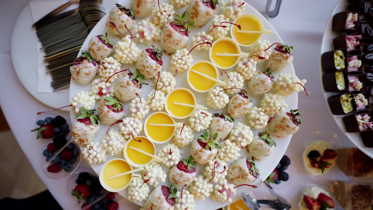 결혼식 뷔페 테이블에 있는 다양한 맛있는 디저트들의 오버헤드 추출