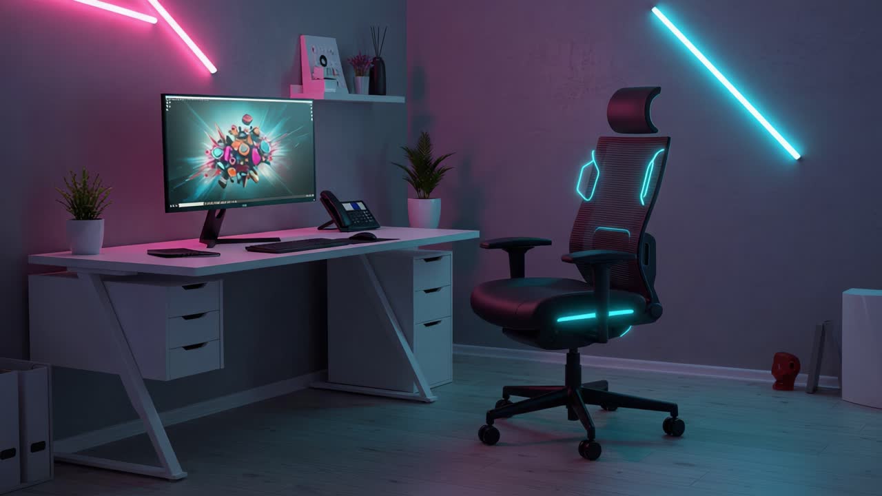 A Modern Gaming Setup Showcasing an Illuminated Desk, Ergonomic Chair, and Stylish Decor in a Futuristic Home Office Vibe