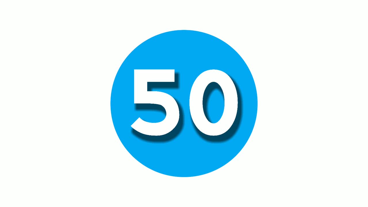 Number 50 fifty sign symbol animation motion graphics on blue circle white background,cartoon video number for video elements