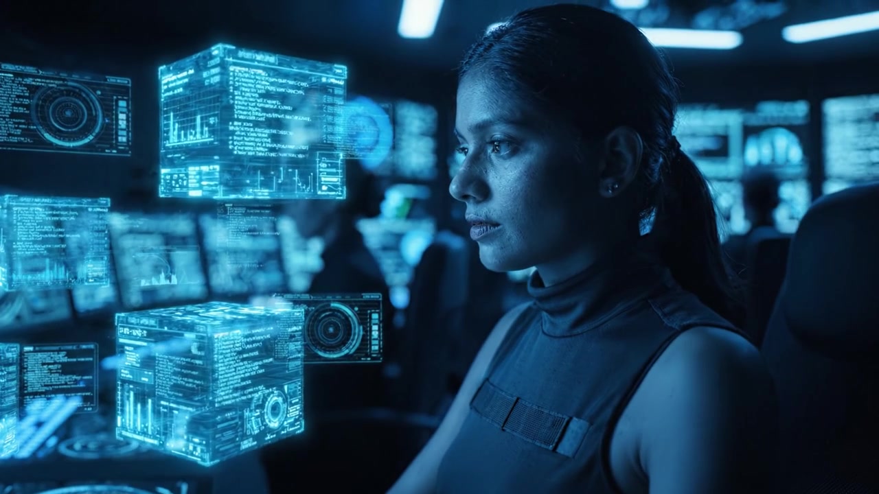 High-Tech Control Room Featuring Female Operators Analyzing Advanced Data Displays and Visualizations in a Futuristic Technology Environment
