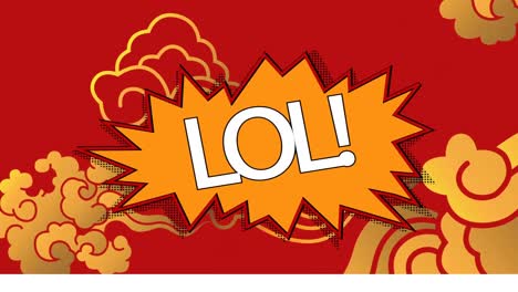 Animation-of-lol-text-on-retro-speech-bubble-over-yellow-oriental-pattern-on-red-background