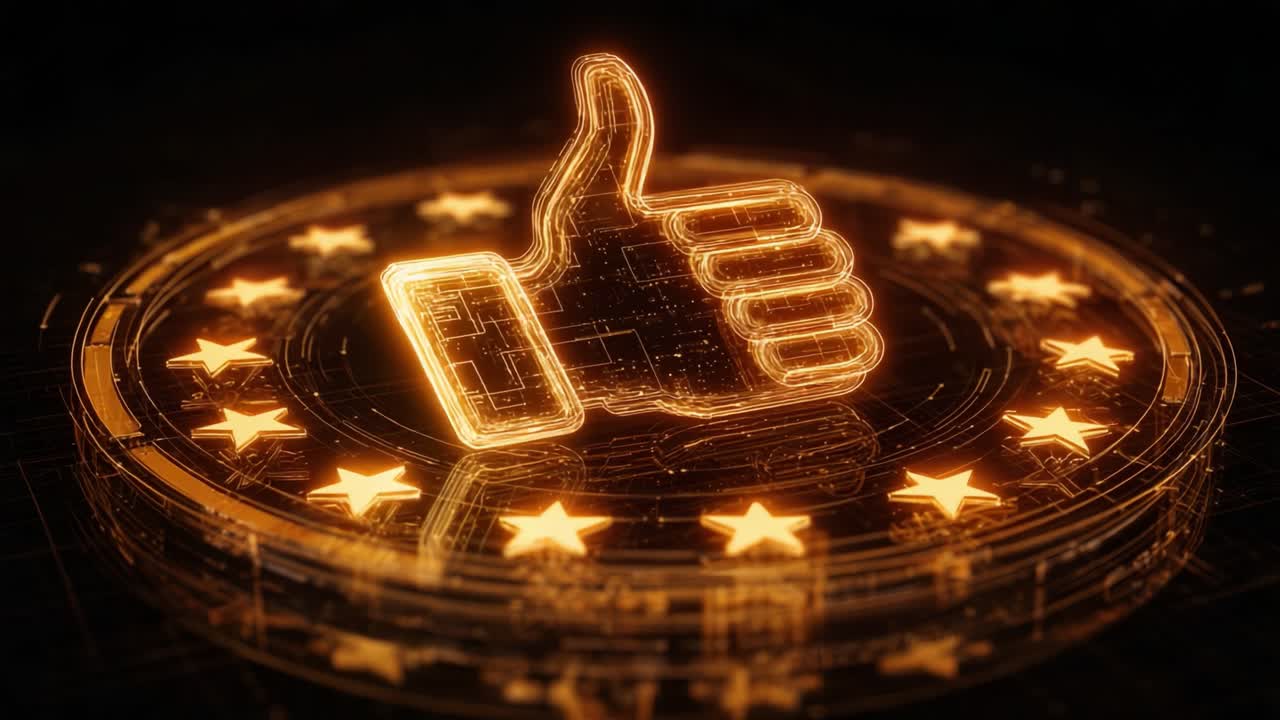 A glowing thumbs-up icon surrounded by golden stars, representing approval, success, and positivity in a digital and futuristic design context