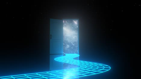 abstract aesthetic vaporwave door open to space stars neon path - 4k seamless loop motion background animation