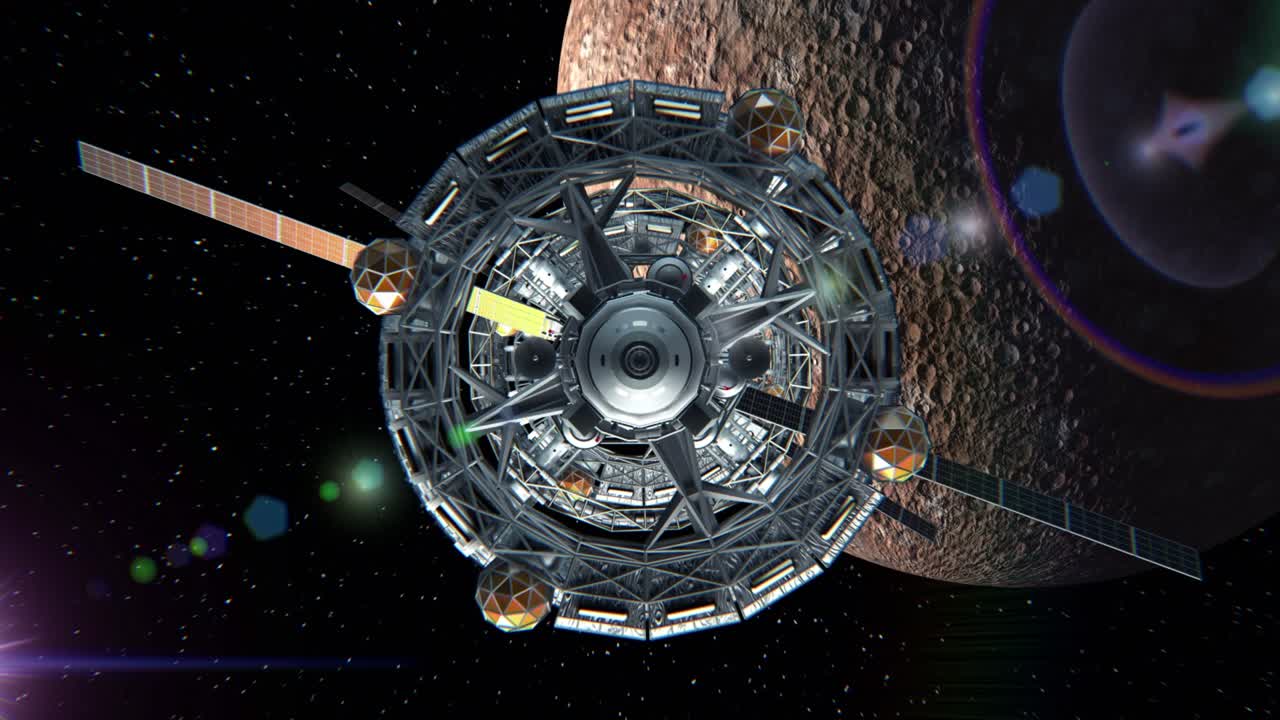 полет через дверь научно-фантастического космического корабля на фоне ртути, зеленого экрана, 3d-анимации. текстура планеты была создана в графическом редакторе без фотографий и других изображений.