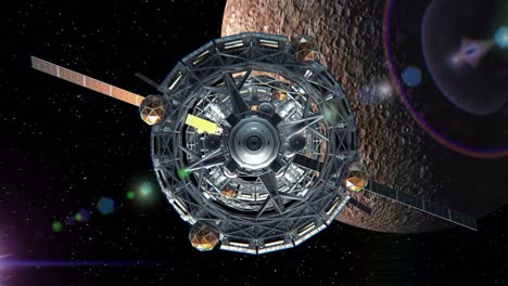vuelo a través de la puerta de la nave espacial de ciencia ficción en el fondo de mercurio, pantalla verde, animación 3d. textura del planeta fue creado en el editor gráfico sin fotos y otras imágenes.
