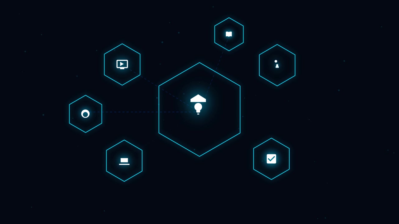 Digital Network Connection with Glowing Icons and Hexagonal Nodes