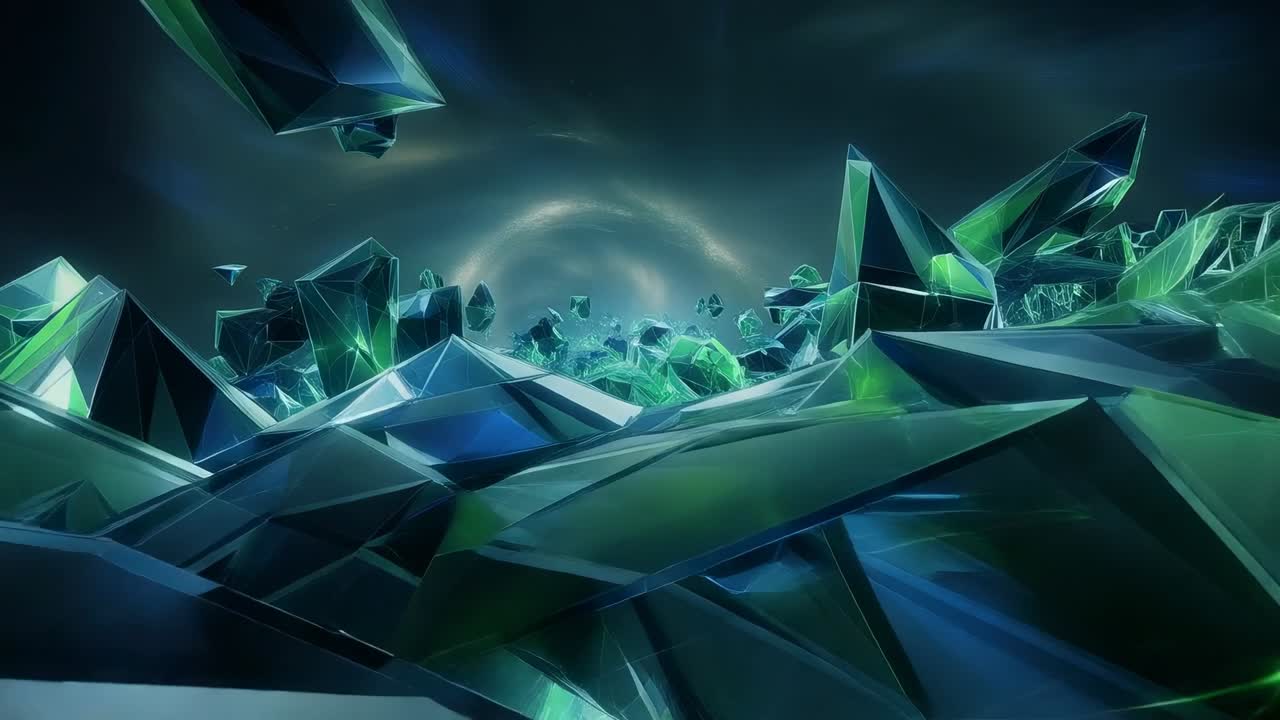 Launching camera gliding through crystal field, revealing faceted shards, drifting prisms and halo