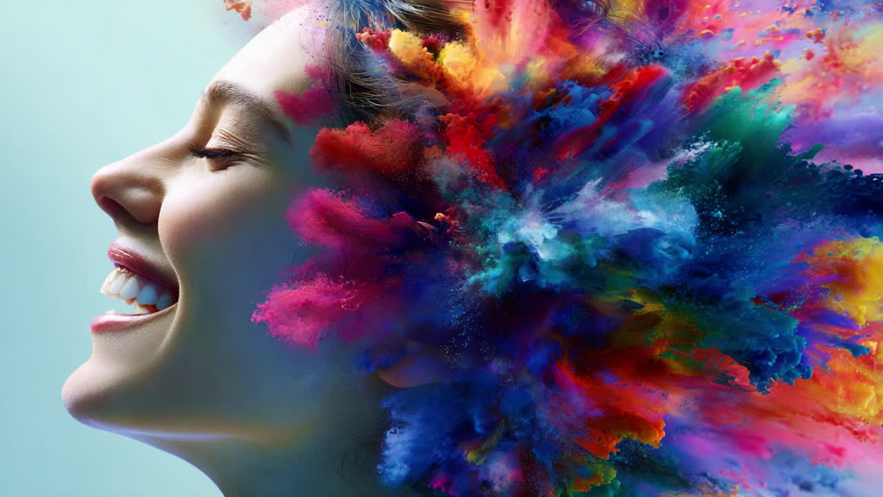 A Vibrant Explosion of Colors: Celebrating Beauty and Joy Through an Artistic Representation of a Smiling Woman Surrounded by a Cascade of Colorful Pigments and Textures