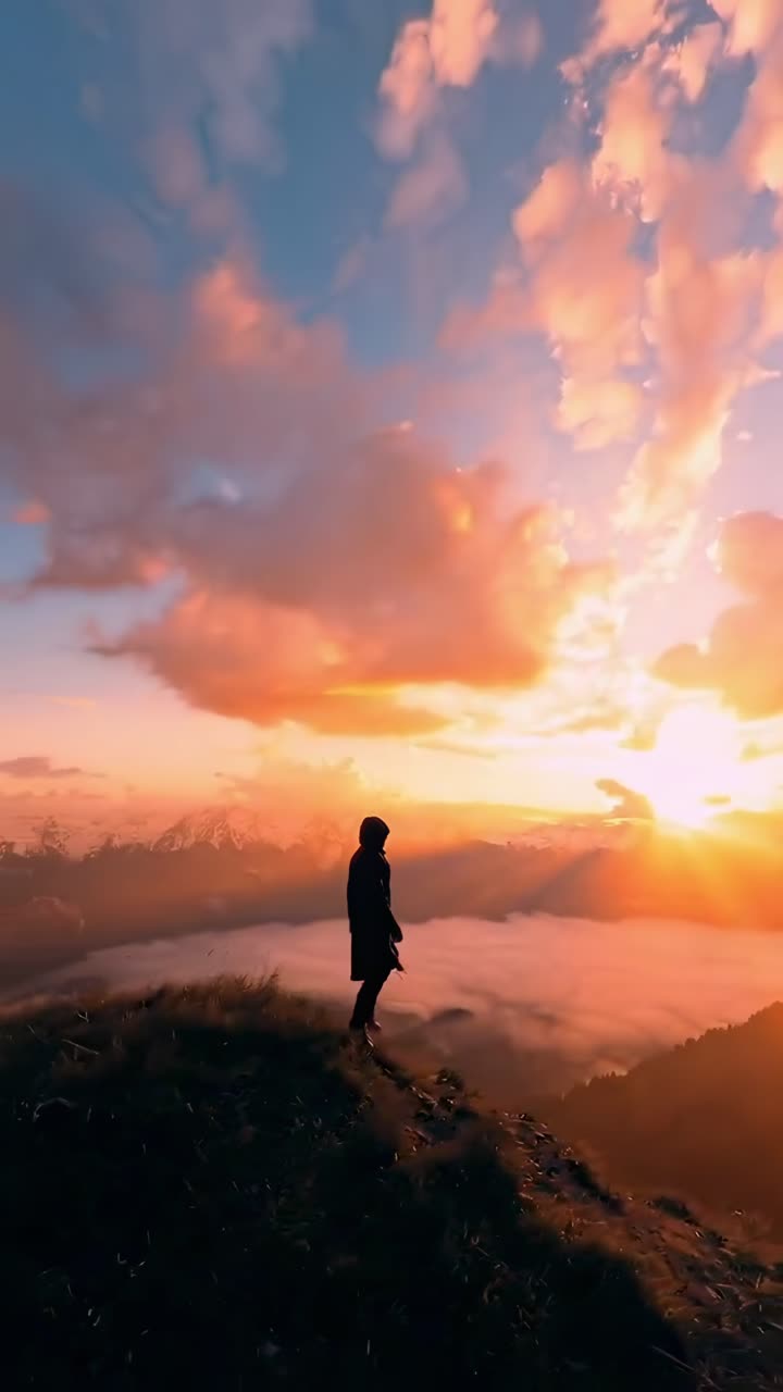 Silueta de una persona en una colina al atardecer, capturada en contrapicado