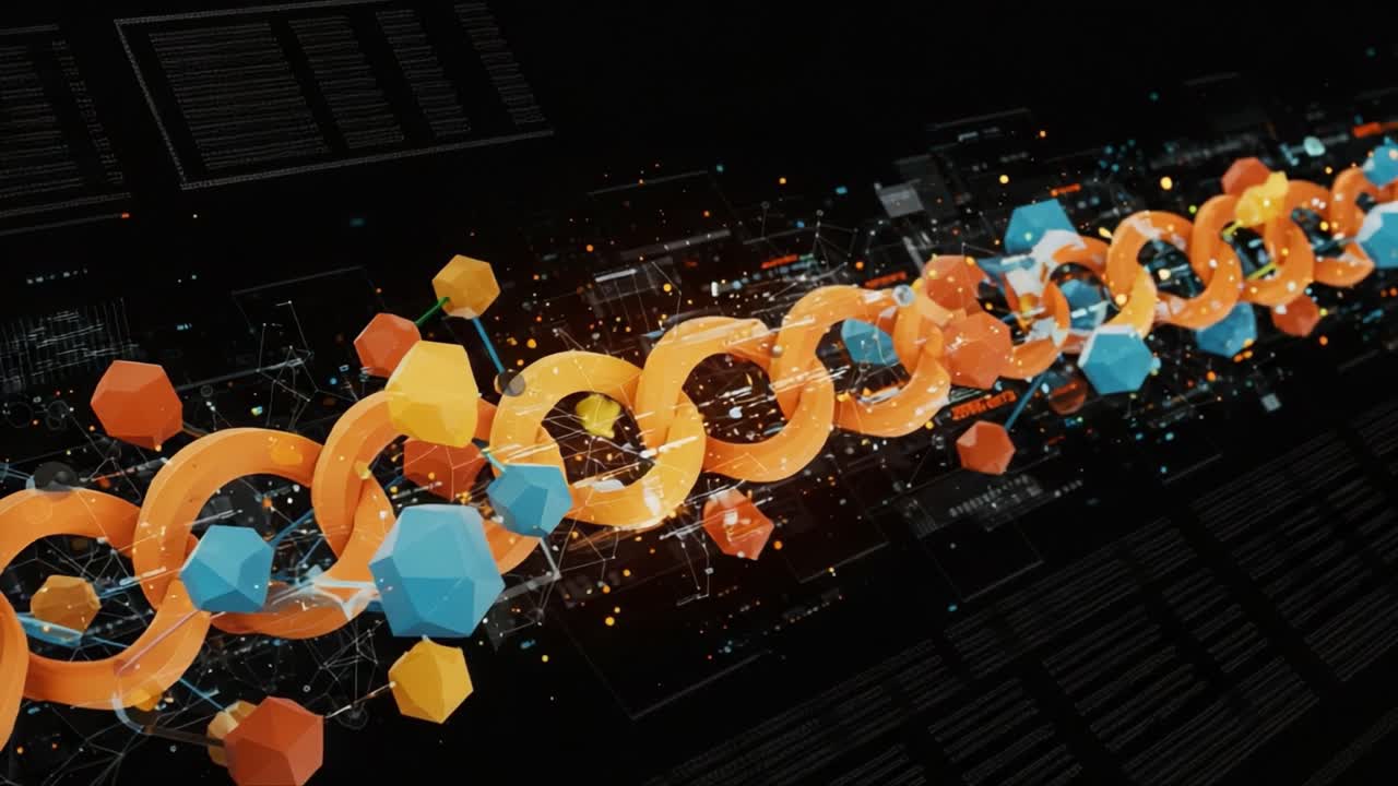 A Vibrant Digital Chain Representing Connectivity and Data Flow in a Modern Blockchain Environment with Geometric Shapes and Colorful Elements