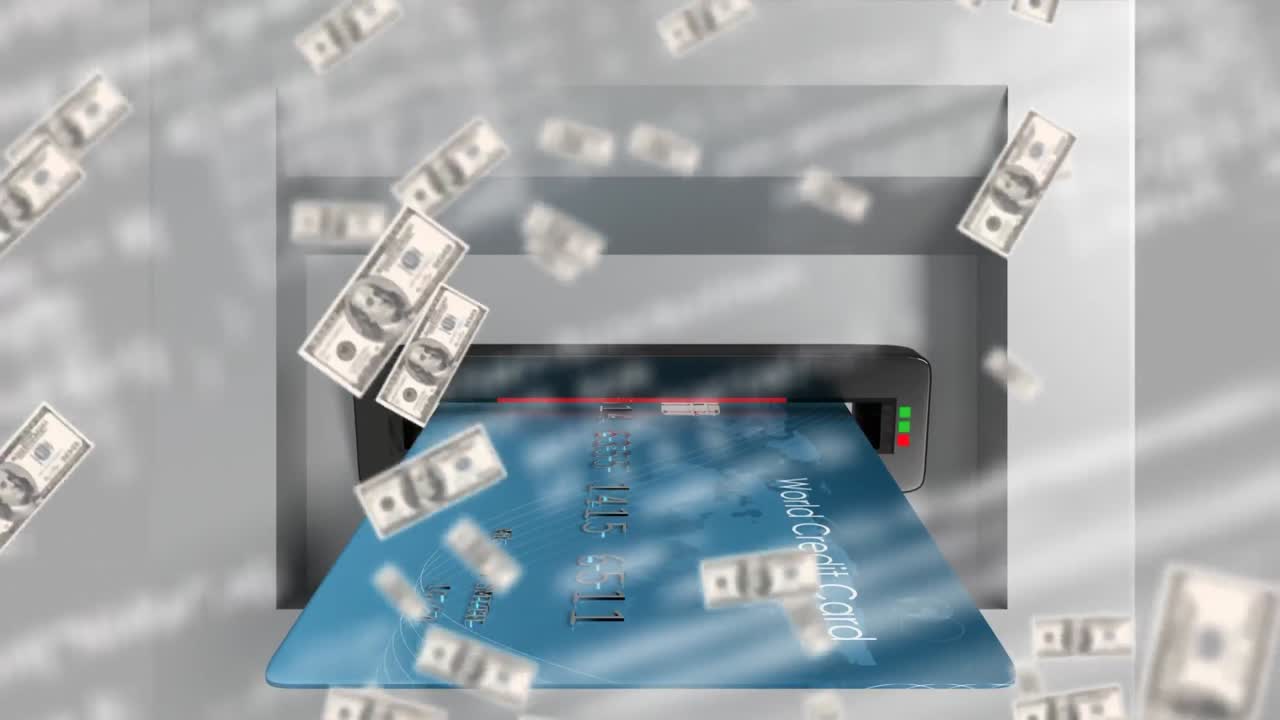 미국 달러 지폐 가 atm 기계 에 있는 신용 카드 위 에 떨어지는 애니메이션