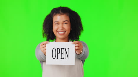 Happy-woman,-open-sign-and-green-screen-in-small