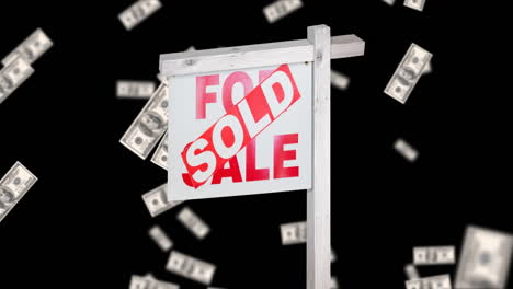 animation of sold text on house for sale sign with dollar bank notes falling on black background