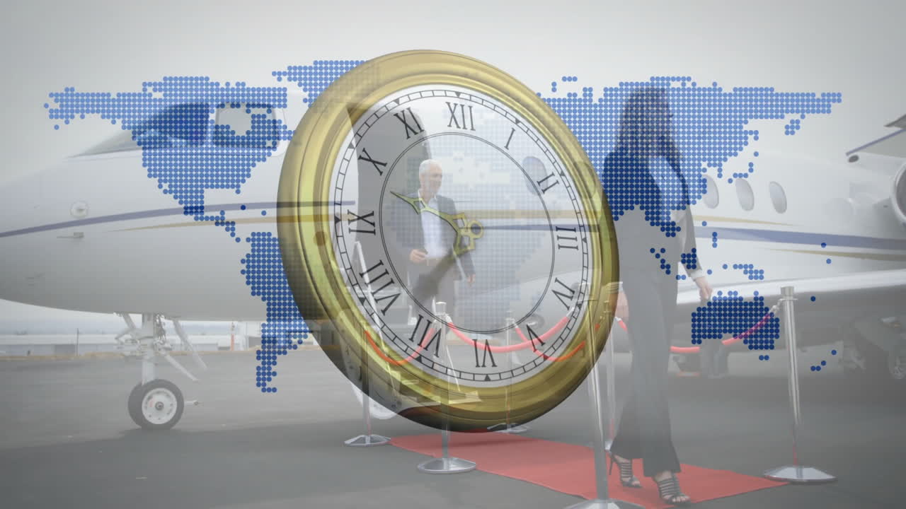 World map and clock animation over people walking near private jet