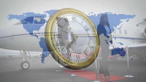 world map and clock animation over people walking near private jet