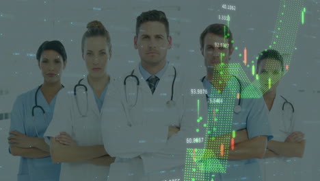 healthcare team standing indoors with stethoscopes, displaying data charts and floating numbers