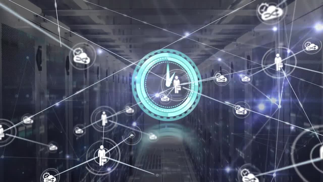 Animation of network of connection with icons and clock over server room