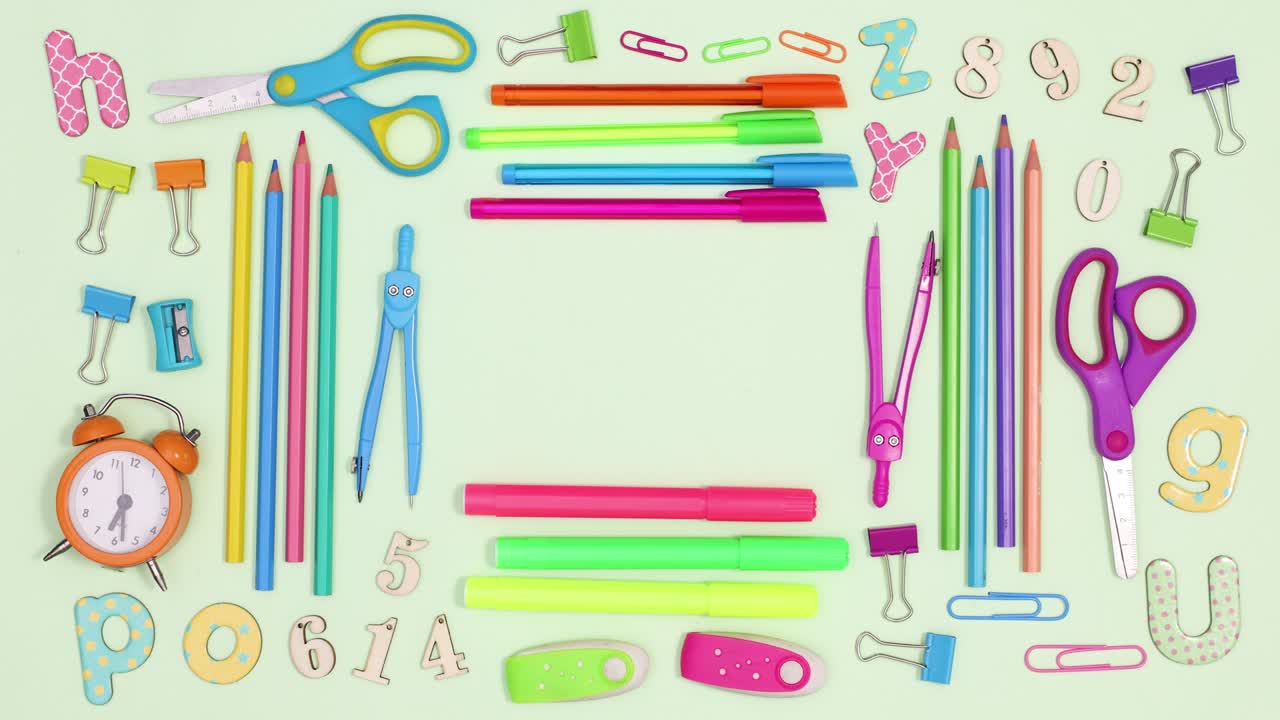 Back to school frame with moving school stationery with place for text. Stop motion