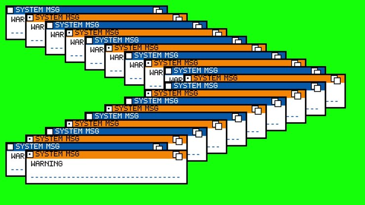 Cascading Amiga Workbench style alert windows pile up on green screen with system error, access denied, and connection lost messages. Retro computing glitch for hacking and tech failure themes.