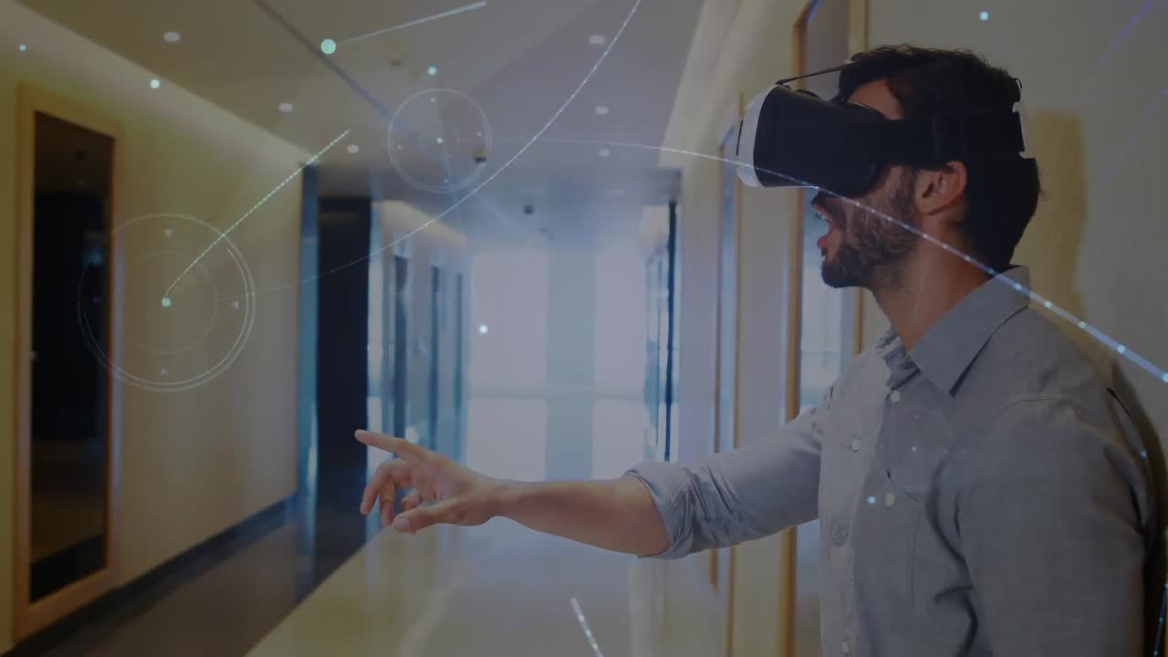 animación de la red de conexiones sobre el hombre que usa auriculares vr