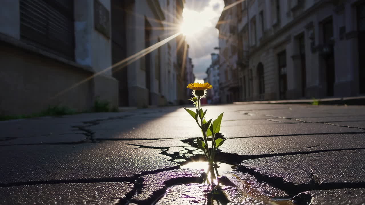 Flower Growing in Cracked Pavement in City Street
