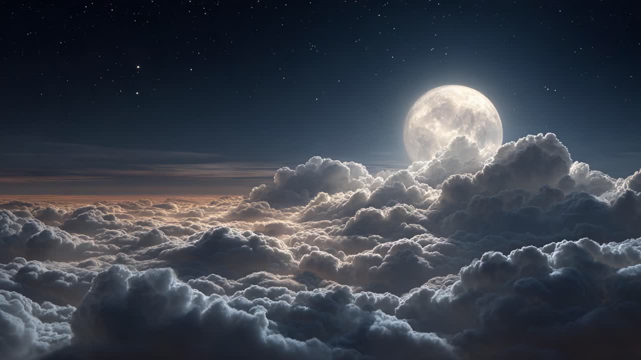 A Serene Night Sky Illuminated by a Full Moon Over a Blanket of Soft Clouds, Creating a Magical and Dreamlike Atmosphere